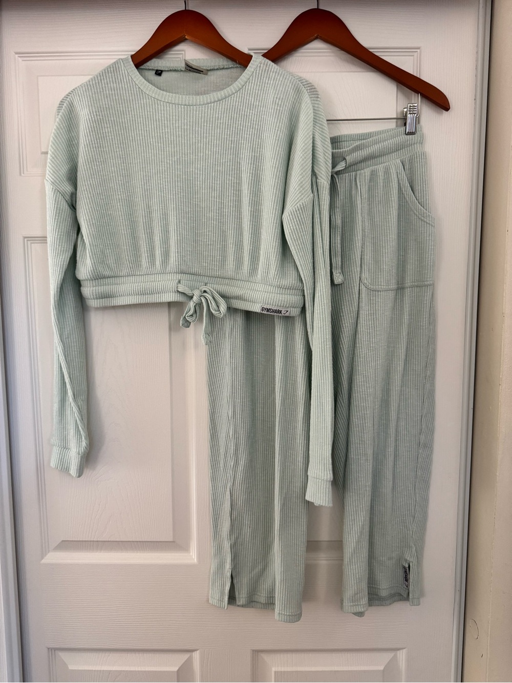 Gymshark Sage Green Ribbed Lounge Set Small Wide Leg Capri Pants